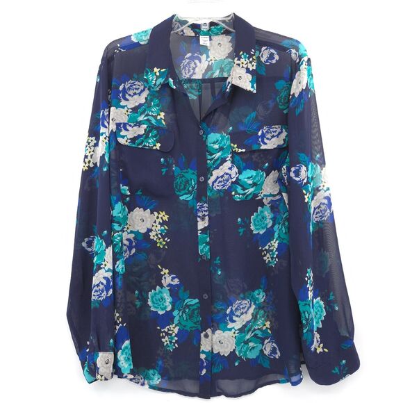 Old Navy floral semi-sheer chiffon button up top Size XXL blue long sleeve - Picture 1 of 6